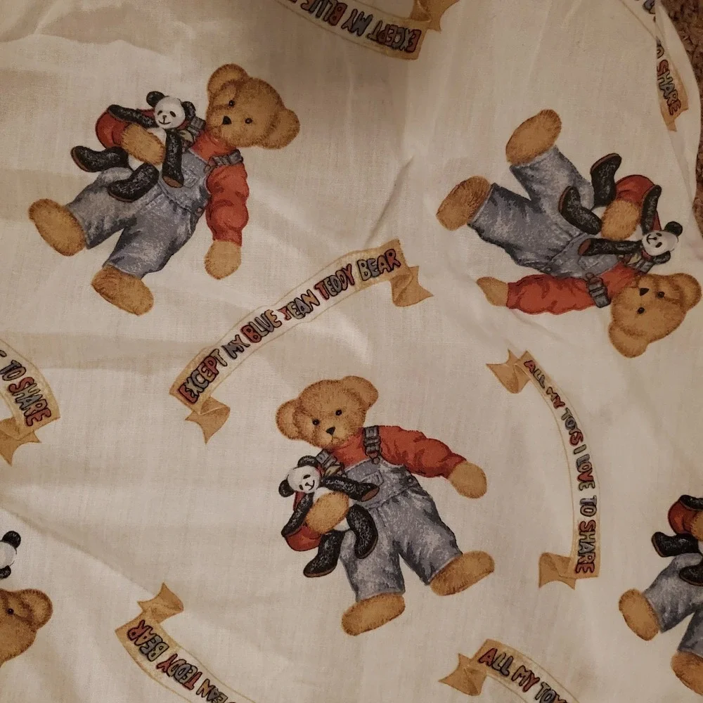 Quilted Blue Jean Teddy Bear Blocks Quilt Baby Blanket Wall Hanging‎ + Sheet